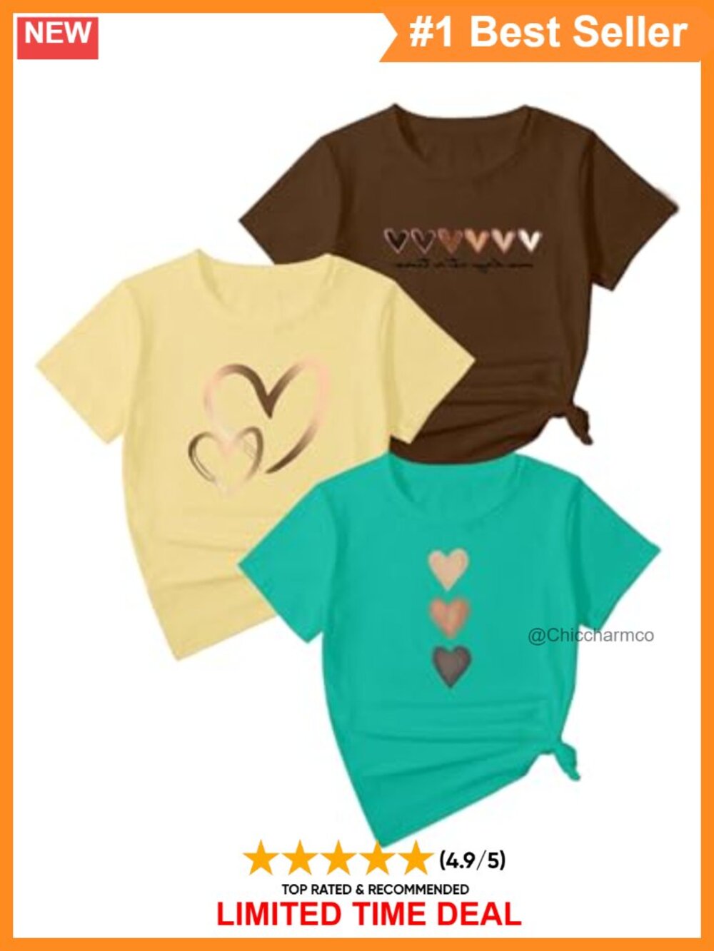 SOLY HUX Women's 3 Pack T Shirt Heart Print Graphic Tees Short Sleeve Crew Neck